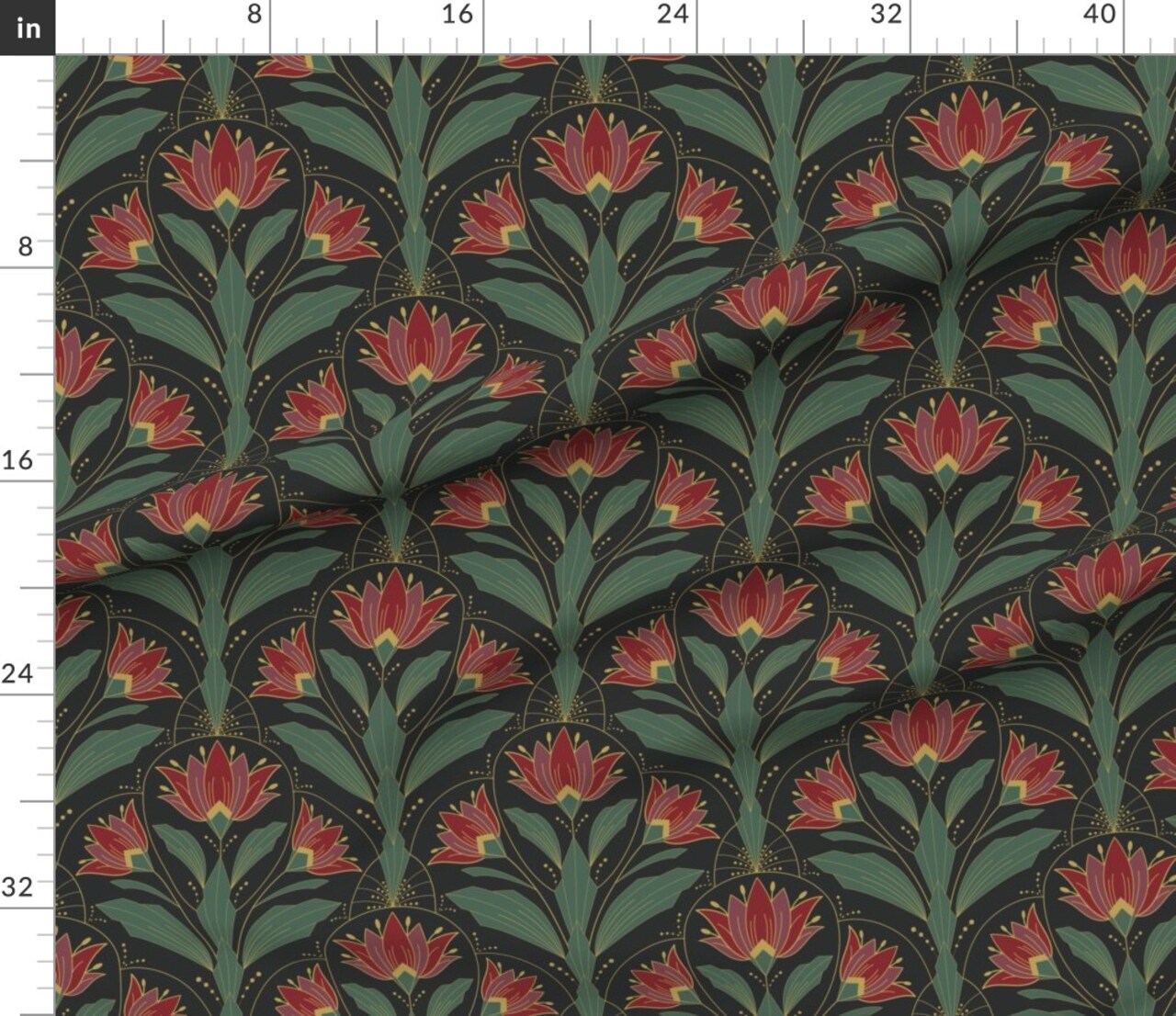 Art Deco Floral Red Green Botanical Bold Retro Flowers Traditional Elegant Custom Printed Fabric by Spoonflower Various Fabrics by the Yard or Fat Quarter